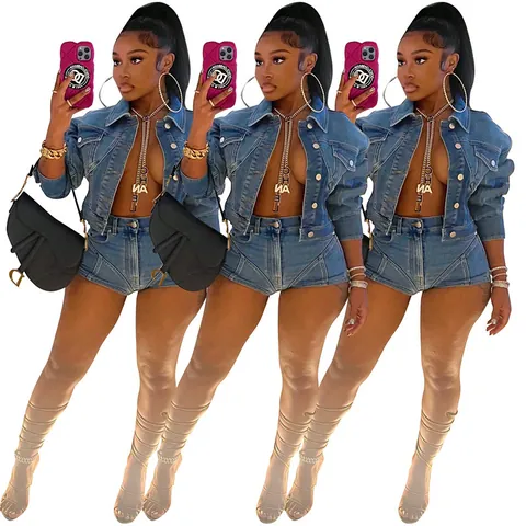 Women's Casual Sand Washed Denim Cotton Spandex Top And Bottom Cropped Long Sleeve Jacket Distressed High Waist Shorts