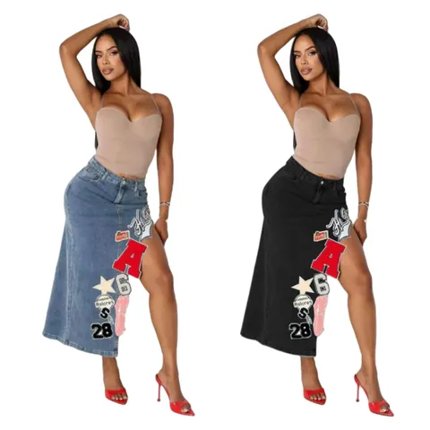 Gonna Jeans da Donna Retro in Cotone Denim a Vita Alta con Spacco Alto Ricamata con Lettere Numeri Patchwork Sexy Gonna Denim