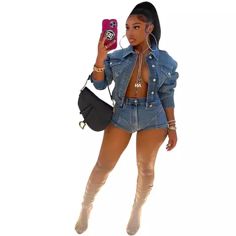 Women's Casual Sand Washed Denim Cotton Spandex Top And Bottom Cropped Long Sleeve Jacket Distressed High Waist Shorts