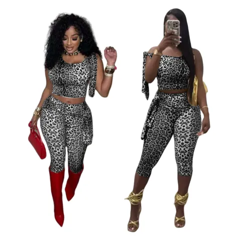 Women Leopard Print Organic Cotton Top And Bottom Set Lace Up Slim Fit Sleeveless Crop Top And Capris Pants Streetwear