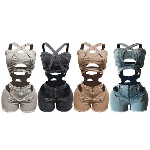 Women Denim Top And Bottom Sexy Backless Bandage Crop Vest And Cut Out Hot Shorts Distressed Sand Washed Summer Casual Streetwear