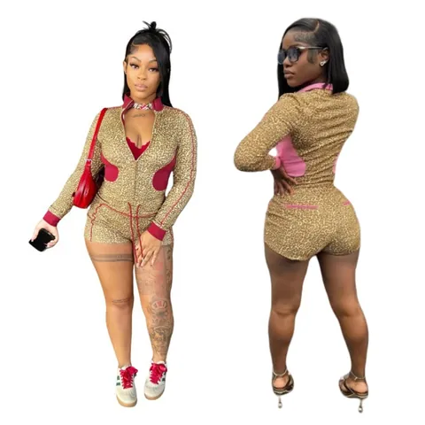 Conjunto de Dos Piezas para Mujer de Modal y Algodón Orgánico con Estampado de Leopardo Top y Pantalones de Manga Larga con Cremallera Cuello Alto Otoño Invierno