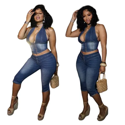 Women Halter Lace-up Zip Backless Top And Capri Pants Denim Top And Bottom Set Streetwear Summer Outfit