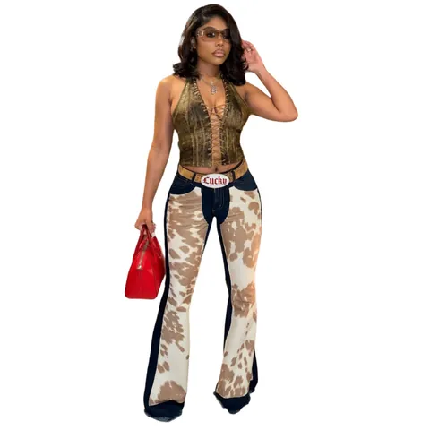 Damen Sexy Bio-Baumwolle Elastan Hochdehnbare Kuhmuster Patchwork Schlagjeans Schmale Passform Bell Bottom Denim Hose Für Streetwear