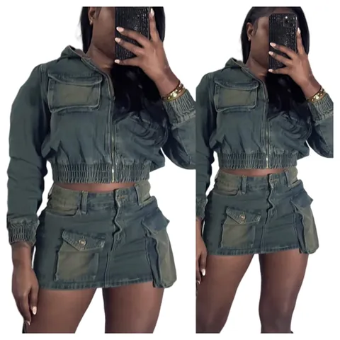 Women Retro Sand Washed Denim Top And Bottom Hooded Zip Up Jacket With Cargo Pockets And Stretchy Mini Skirt Casual Outfit