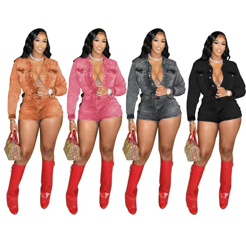 Women Vintage Long Sleeve Acid Wash Denim Romper Stretch Slim Fit Button Up Bodycon Jumpsuit Short Playsuit Fashion Streetwear