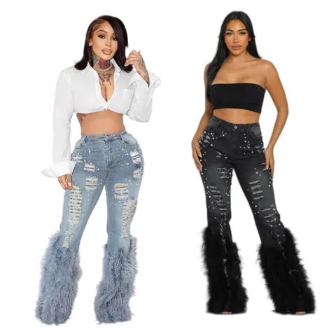 Vaqueros de Campana de Cintura Alta Distressed para Mujer con Perlas y Borde de Plumas Pantalones de Mezclilla Chic