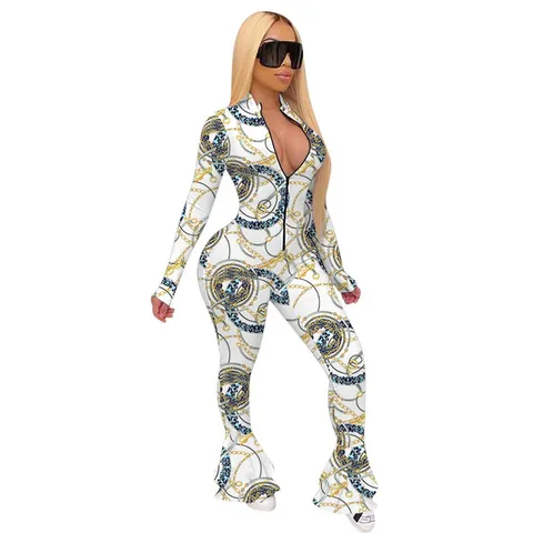 Women Printed Slim Fit Jumpsuit Cotton Spandex Flare Sleeve Front Zipper Fish Tail Hem Vintage Tribal Floral Romper
