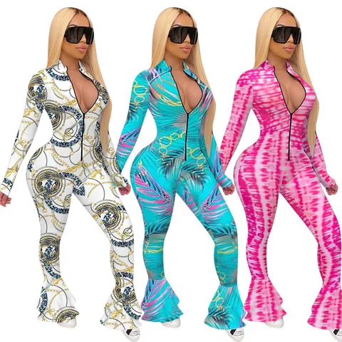 Women Printed Slim Fit Jumpsuit Cotton Spandex Flare Sleeve Front Zipper Fish Tail Hem Vintage Tribal Floral Romper