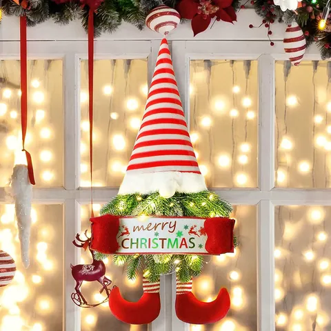 Christmas Gnome Decoration LED Light Up Wreath Hanging Merry Christmas Banner Faceless Santa Wall Door Ornament For Home Holiday Party