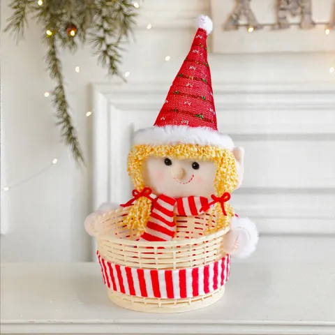 Christmas Elf Doll Candy Basket Desktop Decoration Elf Woven Storage Basket Holiday Gift Kids Fruit Basket Red Green Home Decor