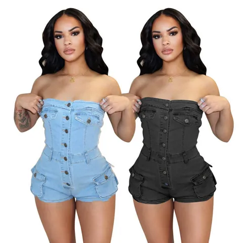 Mono Corto de Denim para Mujer Palabra de Honor Sin Tirantes Abotonado Alta Elasticidad Algodón Mono Cargo para Verano Playa Fiesta