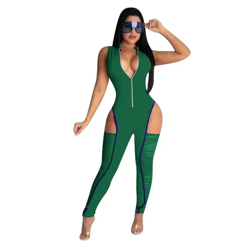 Women Sexy Sleeveless Jumpsuit Front Zipper Cut Out Ruched Slim Fit One Piece Bodycon Clubwear High Elasticity Pant Set