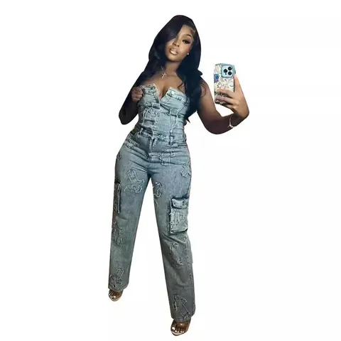 Women Strapless Denim Jumpsuit With Cross Embroidery And Cargo Pockets Retro High Stretch Washed Straight Long Pants Jumpsuit