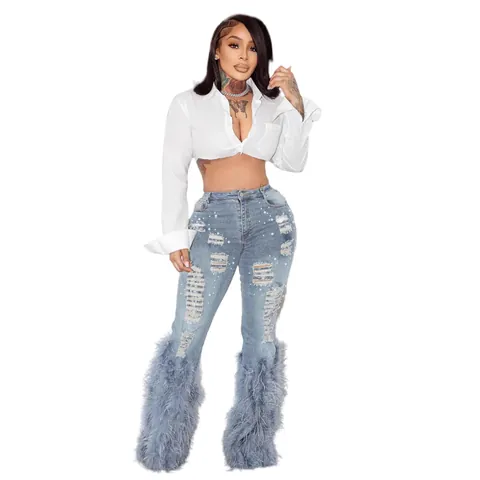 Vaqueros de Campana de Cintura Alta Distressed para Mujer con Perlas y Borde de Plumas Pantalones de Mezclilla Chic