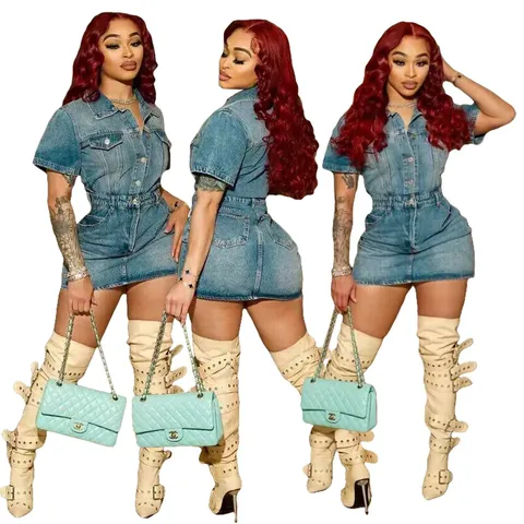Women Fashion Slim Fit Denim Short Sleeve Mini Dress Retro Sand Wash Button Down Shirt Collar Casual Summer Jean Dress