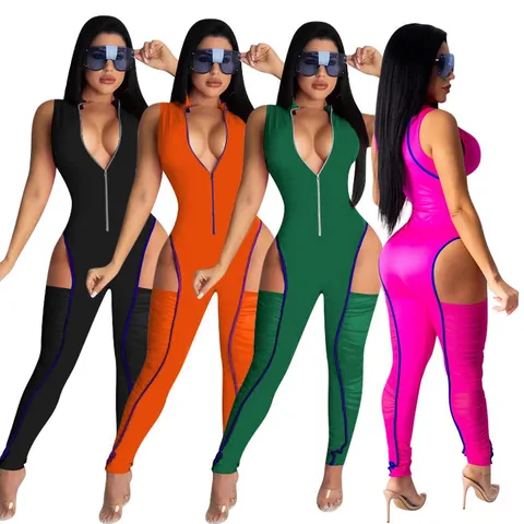 Women Sexy Sleeveless Jumpsuit Front Zipper Cut Out Ruched Slim Fit One Piece Bodycon Clubwear High Elasticity Pant Set
