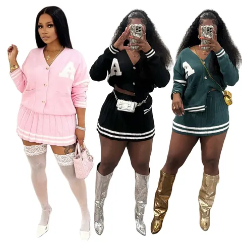 Mujer Estilo Universitario Mezcla Cachemira Cárdigan de Punto y Falda Plisada Dos Piezas Top And Bottom Conjunto Letra A Bordado Suéter Falda