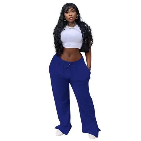 Women Plus Size Wide Leg Pants High Waist Drawstring Cotton Cashmere Blend Loose Trousers With Side Slits Casual Fashion Bottom