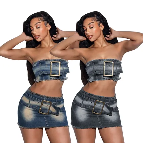 Women Stretchy Denim Tube Top And Mini Skirt With Large Buckle Belt Fringed Raw Hem Acid Wash Top And Bottom Outfit Party Clubwear