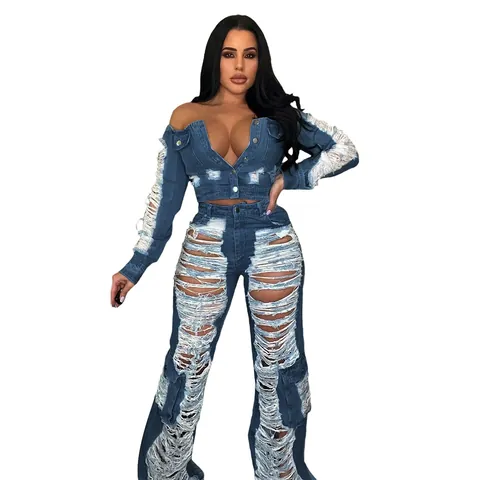 Conjunto de Mezclilla para Mujer Top Y Pantalón Algodón Orgánico Crop Top Sin Hombros Vaqueros Rotos de Pierna Ancha