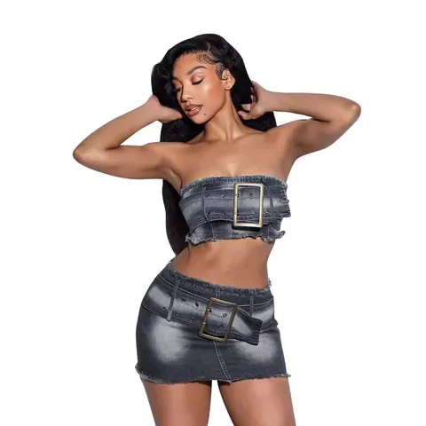 Women Stretchy Denim Tube Top And Mini Skirt With Large Buckle Belt Fringed Raw Hem Acid Wash Top And Bottom Outfit Party Clubwear