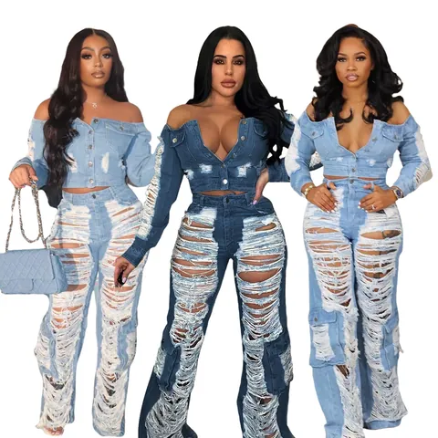 Conjunto de Mezclilla para Mujer Top Y Pantalón Algodón Orgánico Crop Top Sin Hombros Vaqueros Rotos de Pierna Ancha