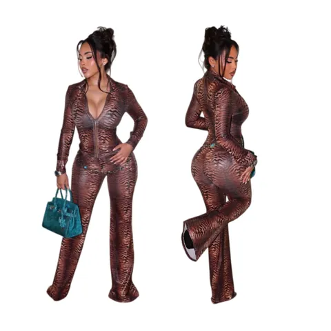 Ensemble Haut et Pantalon en Maille à Imprimé Tigre pour Femme Col Montant Manches Longues Zippé et Pantalon Évasé Taille Haute