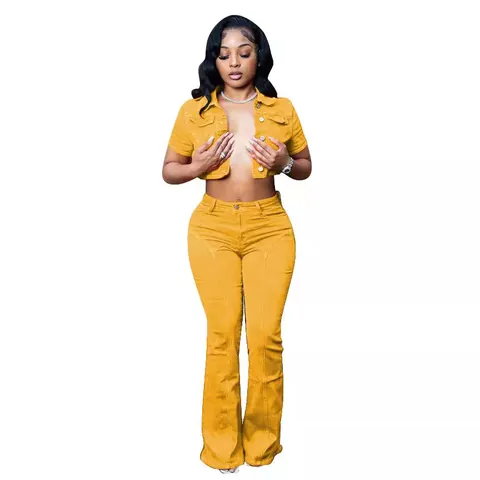 Women Cotton Denim Top And Bottom Set Short Sleeve Crop Jacket High Waist Flare Pants Vintage Streetwear Outfit
