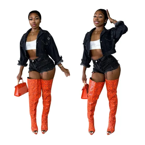 Women Black Denim Cotton Top And Bottom Washed Slim Fit Long Sleeve Jacket And Raw Hem Shorts Streetwear Suit
