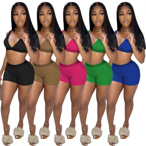 Women Summer Top And Bottom Ribbed Knit Sexy Deep V Neck Crop Vest High Waist Shorts Two Piece Sporty Casual Beach Outfits Set