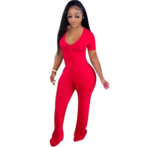 Tuta Intera da Donna in Modal Scollo a V Profondo Manica Corta Gamba Larga Casual Dolce Top And Bottom Tinta Unita Alta Elasticità