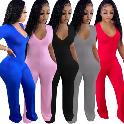 Tuta Intera da Donna in Modal Scollo a V Profondo Manica Corta Gamba Larga Casual Dolce Top And Bottom Tinta Unita Alta Elasticità