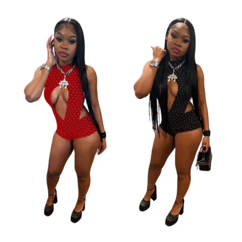 Women Sexy Halter Neck Backless Polka Dot Print Bodysuit Cut Out High Stretch Slim Fit Romper Party Clubwear Summer Jumpsuit