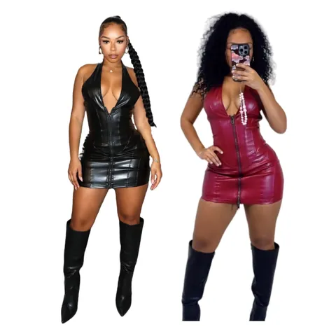 Women Halter Neck PU Faux Leather Mini Dress Slim Fit Sleeveless Front Zip Bodycon Sexy Stitched Faux Leather Party Dress