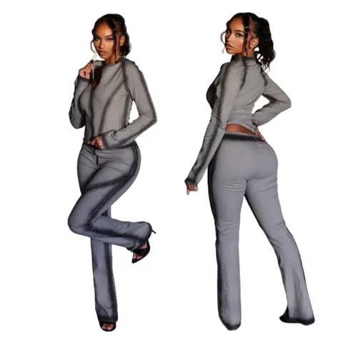 Conjunto de Dos Piezas para Mujer Top And Bottom Estampado Ajustado Chaqueta de Manga Larga y Pantalón Acampanado de Algodón Orgánico