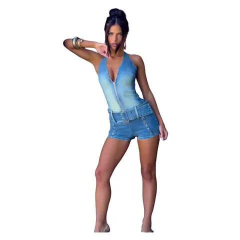 Tuta in Denim da Donna Con Scollo all'Americana Cintura Cerniera Frontale Sexy Lavata Alta Elasticità Vestibilità Aderente Streetwear Playsuit