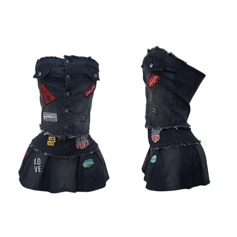 Women Denim Embroidered Top And Bottom Strapless Button Tube Top Pleated Mini Skirt Patchwork Streetwear Co-ords