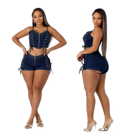 Conjunto de Mezclilla con Cordones para Mujer Algodón Orgánico Spandex Top Corto sin Mangas y Pantalones Cortos Streetwear