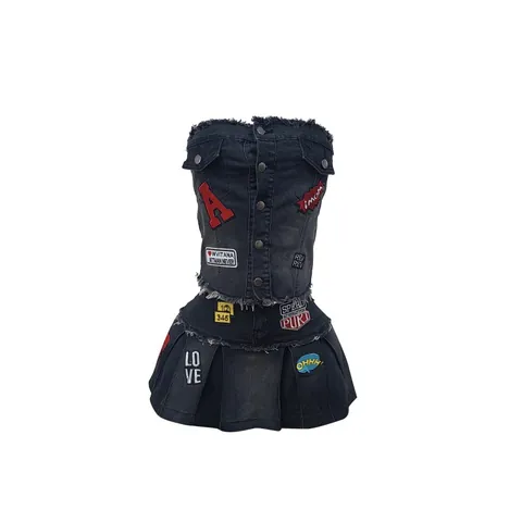 Women Denim Embroidered Top And Bottom Strapless Button Tube Top Pleated Mini Skirt Patchwork Streetwear Co-ords