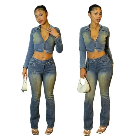 Ensemble en Jean Vintage pour Femmes Effet Vieilli Veste Crop Zippée à Manches Longues et Pantalon Évasé Tenue Rétro