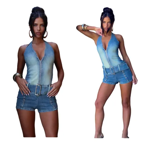 Tuta in Denim da Donna Con Scollo all'Americana Cintura Cerniera Frontale Sexy Lavata Alta Elasticità Vestibilità Aderente Streetwear Playsuit