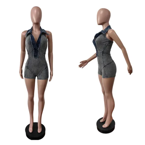 Mameluco de Mezclilla Patchwork para Mujer Sexy Cuello Halter Sin Mangas Ajustado Mono Acanalado Mezcla Algodón Acid Wash Streetwear