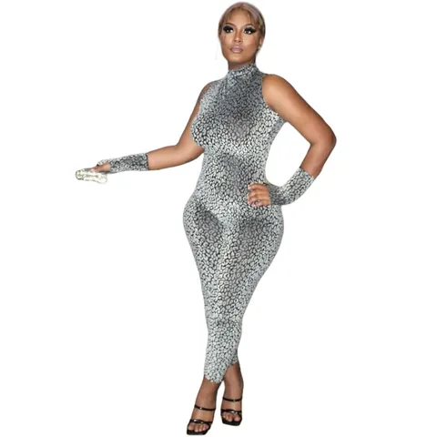 Leopard Print Sleeveless Halter Jumpsuit With Gloves Backless Lace Up Slim Fit Sexy Jumpsuit For Women Party Streetwear
