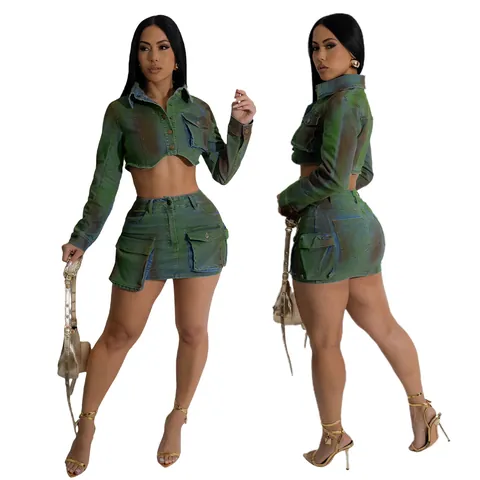 Women's Denim Two Piece Set Cropped Jacket and Cargo Mini Skirt Green Spray Paint Gradient Streetwear Cotton Blend Set