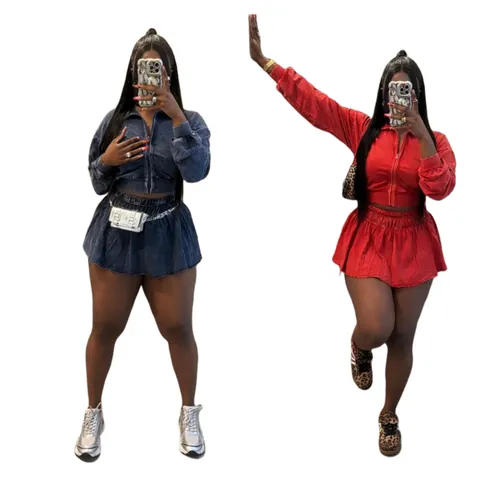 Damen Gewaschene Farbige Baumwolle Jacke Und Minirock Set Genäht Lässig Top And Bottom Zweiteiler Streetwear Einfarbig Outfit