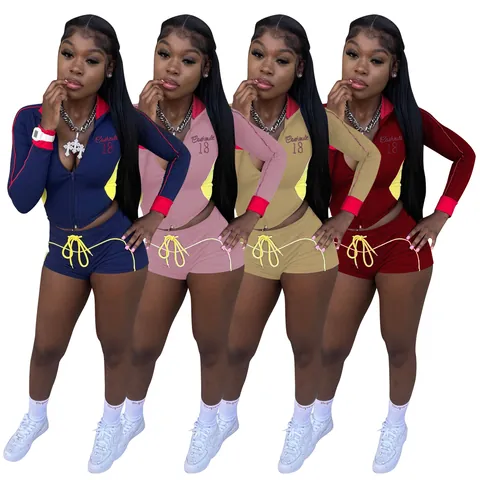 Vêtements de Sport en Coton Biologique Brodés pour Femmes Top And Bottom Veste à Manches Longues Zippée Short à Cordon de Serrage Tenue de Sport Décontractée Élastique