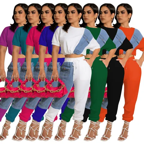 Women Denim Patchwork Casual Sporty Set Round Neck Short Sleeve Top And Drawstring Jogger Pants Top And Bottom Tracksuit