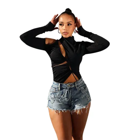 Short en Jean Femme Taille Haute Broderie Croix Ourlet Effiloché Jean Extensible Short Sexy Bleu Clair Streetwear Bas