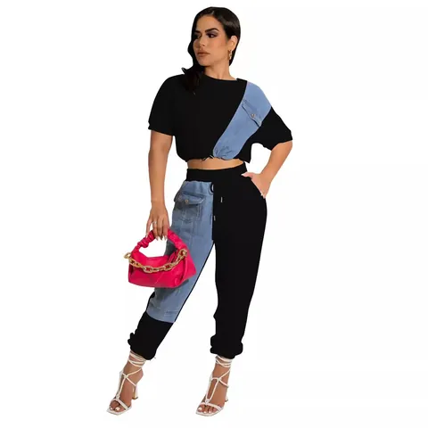 Women Denim Patchwork Casual Sporty Set Round Neck Short Sleeve Top And Drawstring Jogger Pants Top And Bottom Tracksuit